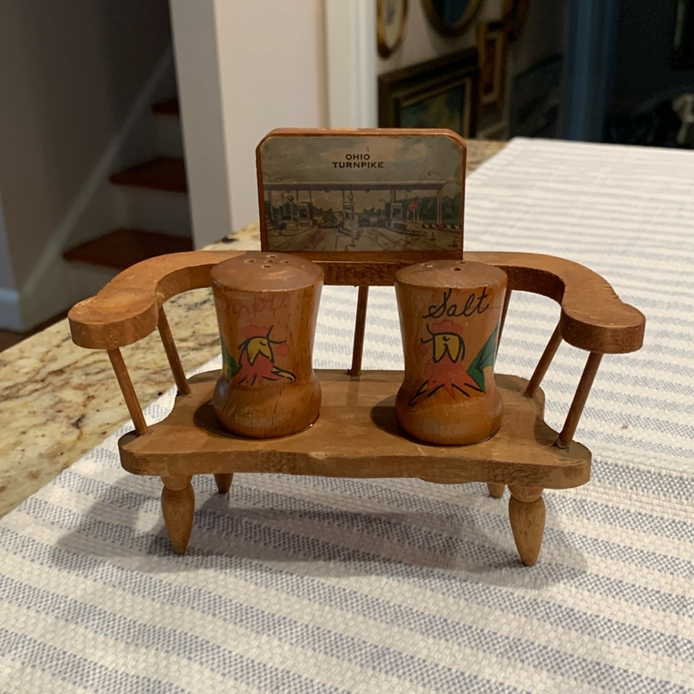 Vintage Salt & Pepper Shaker Wood Bench